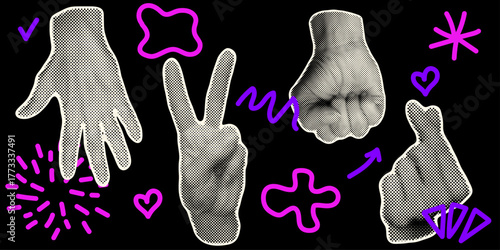 Abstract halftone art with hands. Pop vector illustration with dotted texture and retro raster effect. Minimal black and white layout for modern graphic design and surreal collage composition. 