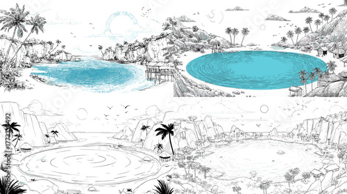 Minimal tropical lagoon line art with turquoise water, palm trees, and rocky coast in a serene island landscape illustration.