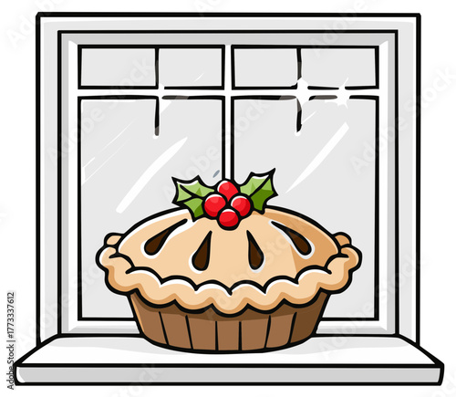 Cartoon pie with holiday decorations on windowsill, viewed through a window.