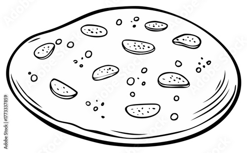 Outline drawing of a round flatbread with toppings and air bubbles