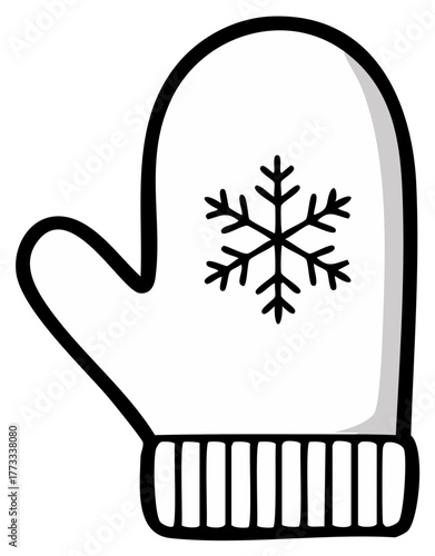 Winter mitten with snowflake icon simple black and white line art drawing for coloring book page