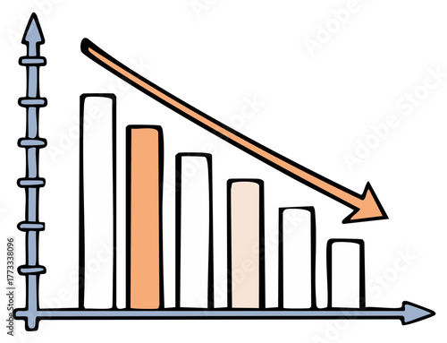Hand drawn bar chart illustrating a downward trend with a large arrow