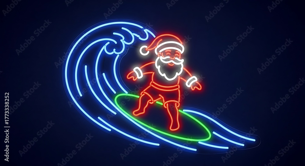 Fototapeta premium Neon Sign of Santa Surfing on a Wave at Night santa claus