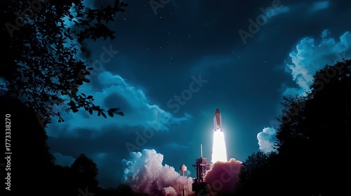 thrust. Rocket launching at night, with a dramatic plume against a starry backdrop. product launch decks, UI/UX mockups, designed for data visualization dashboards and holographic UIs.