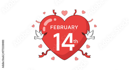 Stylized Valentine's Day illustration featuring a red heart, doves, ribbons, and February 14th date for a romantic holiday greeting