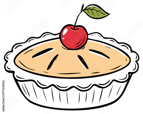 Cartoon cherry pie with decorative crust and single red fruit topping vector illustration.