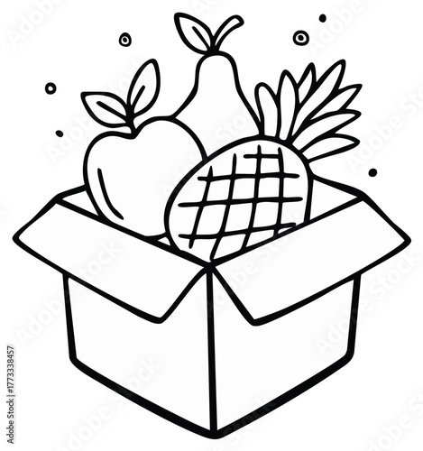 Hand drawn fruit box delivery line art fresh produce harvest illustration