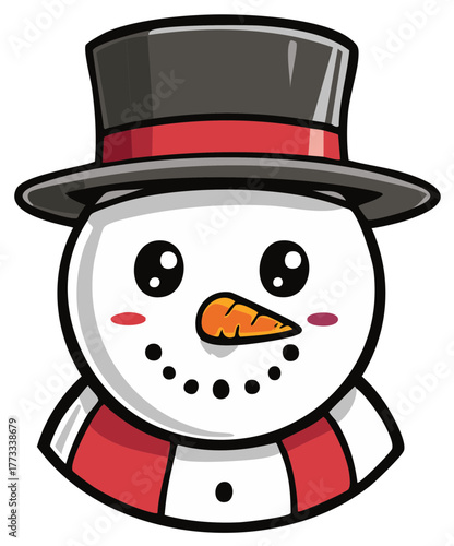 Cartoon snowman face with hat and scarf. Cute winter character illustration.