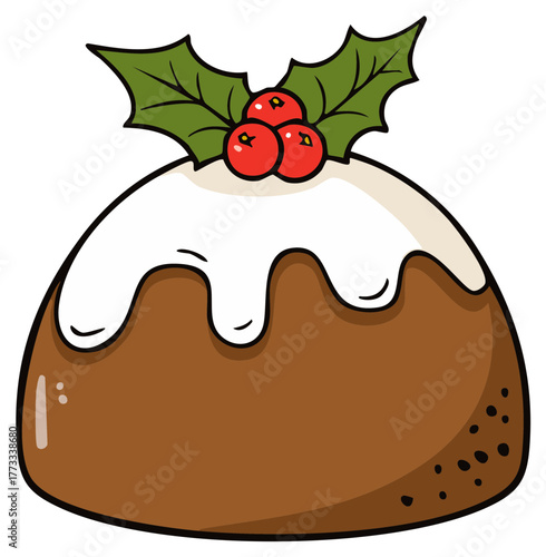 Festive Christmas Pudding Illustration with Holly and Berries Drizzled with White Creamy Icing