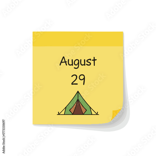August 29th camp invitation concept, reminder of adventure with tent drawing on yellow sticky note indicating camping date planning