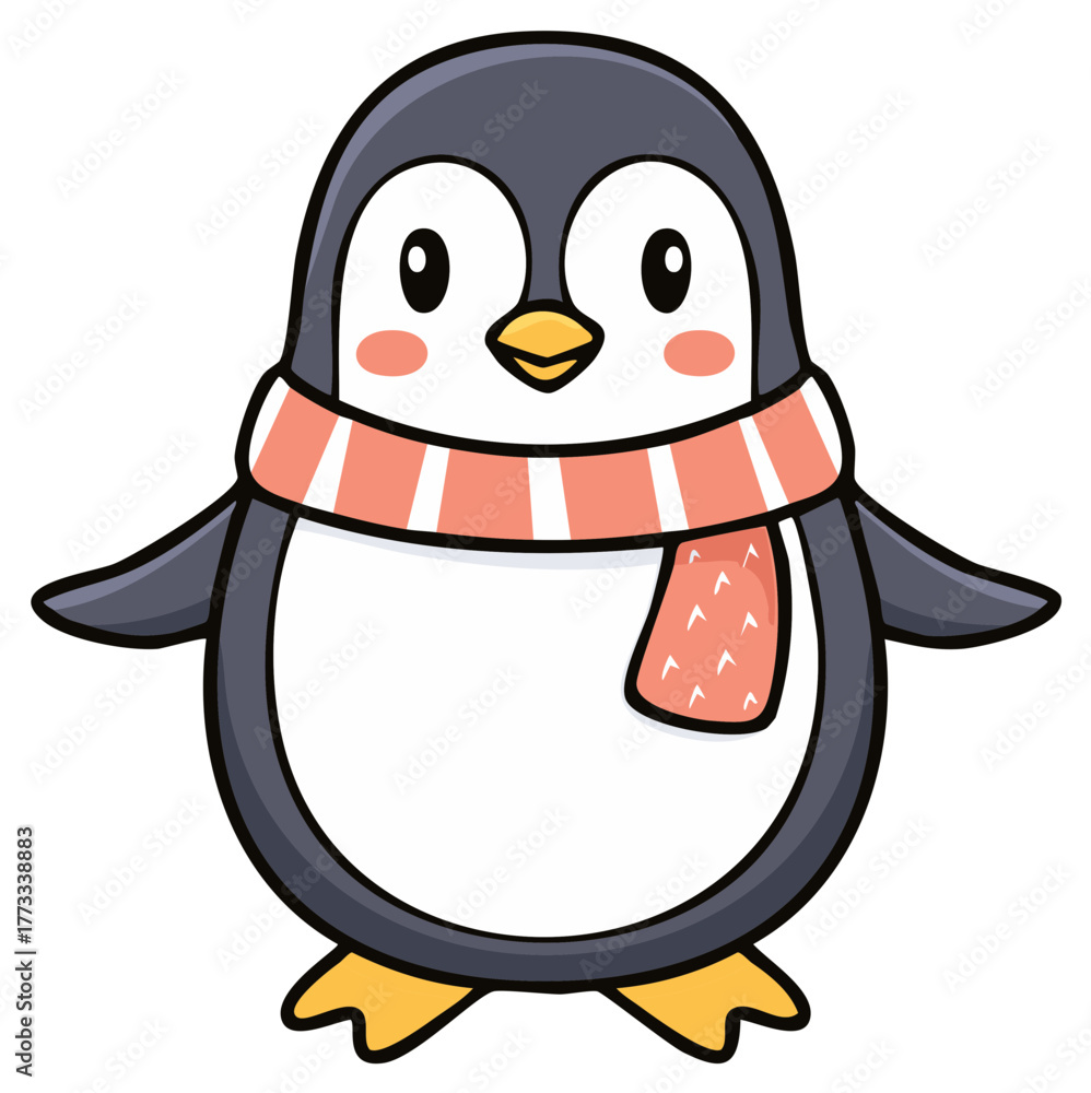 Obraz premium Cartoon Penguin Wearing Winter Scarf Illustration Cheeks Smiling Eyes Simple Lines Design
