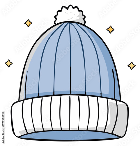 Cute light blue beanie with fluffy white pom pom, winter headwear with sparkling star accents, warm cartoon cap