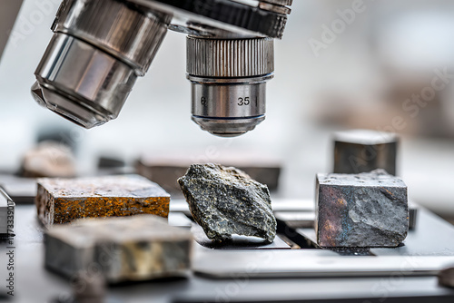 Microscope examining geological samples in science laboratory