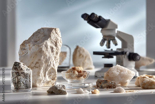 Geologists examining rocks, minerals, and natural specimens in laboratory