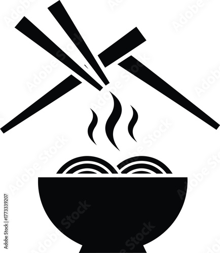 Black and white icon of steaming noodles with chopsticks