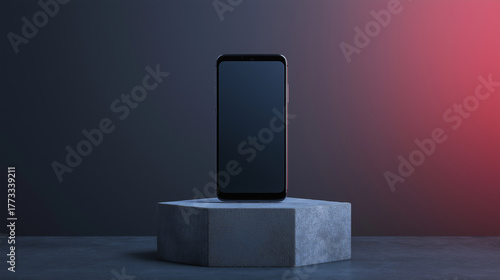 Powerful Smartphone with Blank Screen on Concrete Pedestal against Dark Gradient Background – Futuristic Technology Mockup