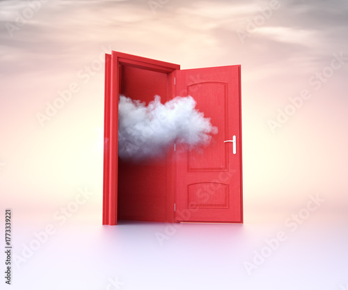 Open red door with clouds e...