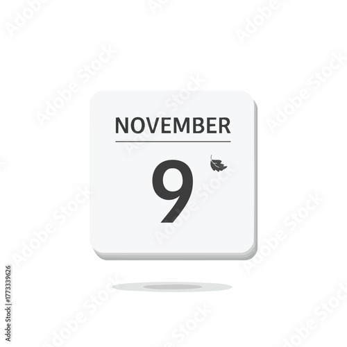 Stylized depiction of a calendar icon displaying November 9th with subtle autumn leaf