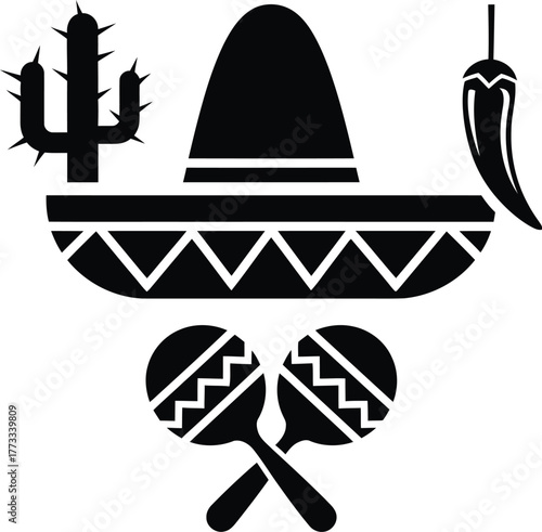 Mexican fiesta icons sombrero cactus chili pepper and maracas silhouette