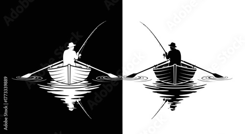 Fisherman in Rowboat Silhouette Logo | High-Contrast Black & White Vector