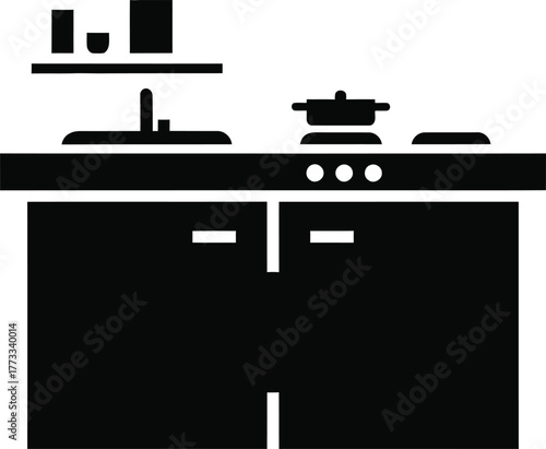 Simple black and white icon of a kitchen countertop with stove