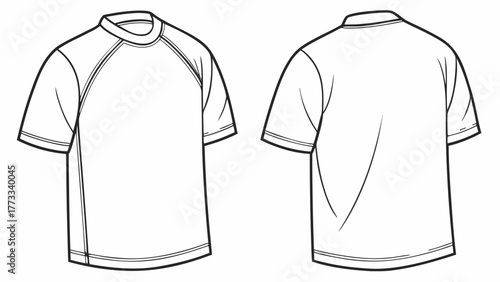Crisp, clean technical sketch shows front and back views of a modern t-shirt, ideal for fashion design, apparel mockups, or clothing line illustrations.
