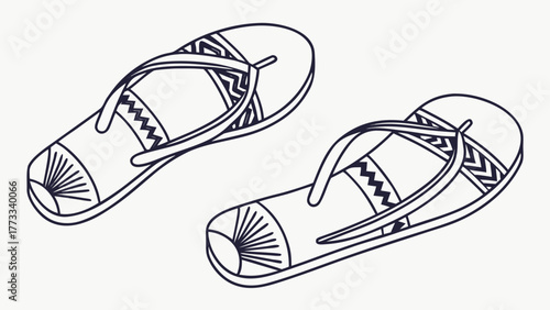 Stylish flip flops outline for summer fun, beach vibe footwear with trendy geometric patterns, perfect for vacation promos and casual lifestyle designs