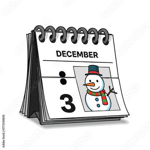 Whimsical December calendar page featuring a cheerful snowman illustration announcing the arrival of winter's joy