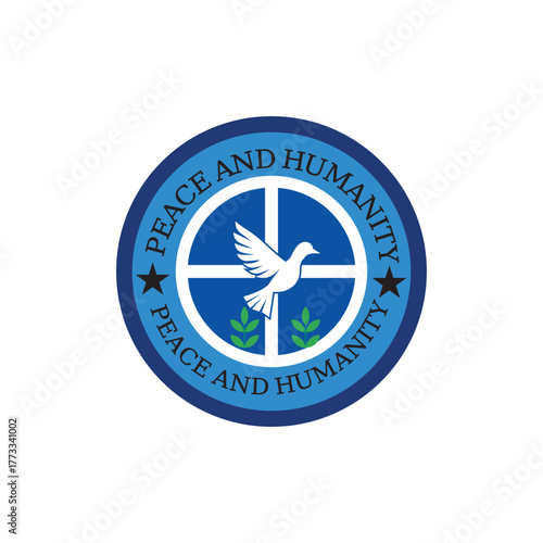 Circular emblem featuring a dove of peace and the words peace and humanity