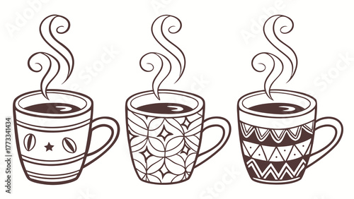 Three steaming coffee cups with unique folk art designs offer a warm, handcrafted feel perfect for cozy cafes or creative coffee brands