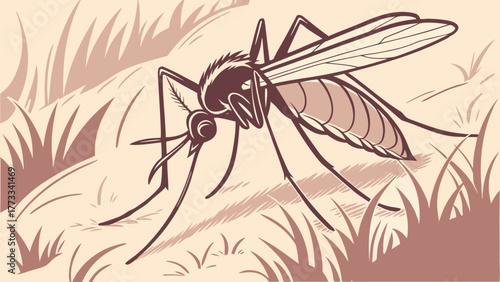 Detailed mosquito illustration in field of grass, showcasing nature's intricate design and creating awareness about mosquito-borne diseases and prevention
