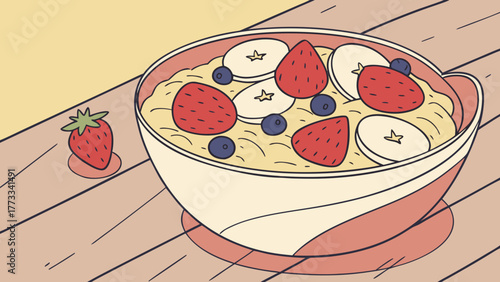 Start your day right with a delicious bowl of creamy oatmeal topped with fresh strawberries, blueberries, and bananas for a healthy, vibrant breakfast