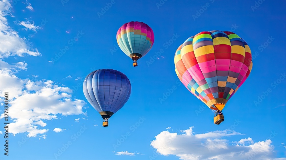 Fototapeta premium Colorful hot air balloons soaring through a bright blue sky with fluffy clouds on a sunny day