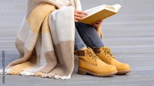 Solo reading on a wooden terrace, wearing boots, surrounded by a blanket and book, lit with golden hour, captured in over-the-shoulder, styled as cozy lifestyle, with muted beige tones