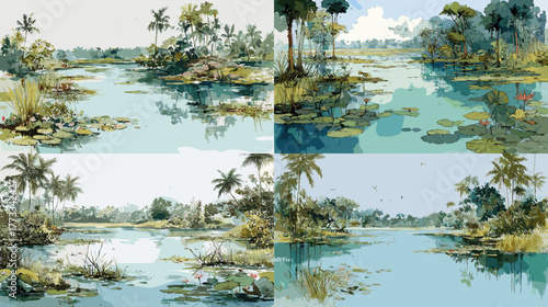 Tranquil tropical wetland scene with calm water, lush vegetation, palm trees, and reflections under soft daylight in watercolor style.
