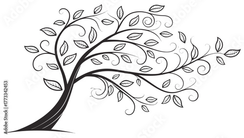 Elegant swirling tree with leaves illustration, perfect for nature themed designs, branding projects, or artistic backgrounds, vector art style, scalable design