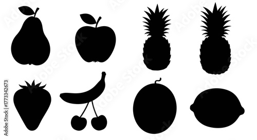 A colorful vector set of fruit and vegetable icons like apple, banana, orange, lemon, and strawberry for a fresh, healthy design illustration