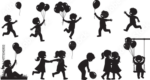 Children silhouette playing with balloons, running, swinging, hugging, sitting, joyful activity, outdoor fun, childhood moment, friendship, happiness, carefree, black shape, motion