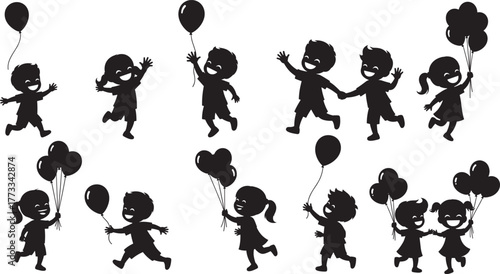 Children silhouette playing with balloons, running, swinging, hugging, sitting, joyful activity, outdoor fun, childhood moment, friendship, happiness, carefree, black shape, motion