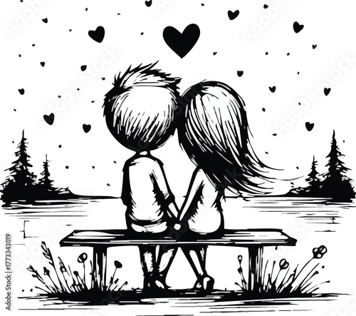 Romantic couple sitting on bench by lake with hearts and trees in sketch style isolated on white background