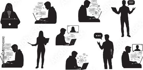 Silhouette people using laptops and tablets, digital communication, remote work, video call, chat, presentation, technology interaction, online learning, modern people using laptops and tablets, 