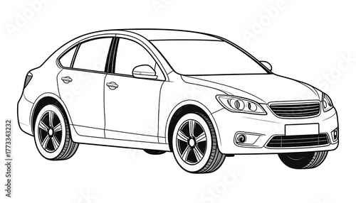 Line art illustration of a generic sedan, front three-quarter view
