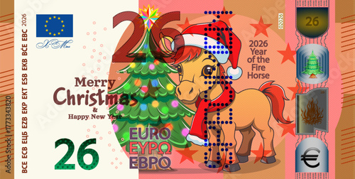 Vector festive fictional banknote of European Union with face value of 26 euros. Cartoon fir tree and cute pony. Symbol of 2026. Merry Christmas and Happy New Year. Game holiday money, Fire horse.