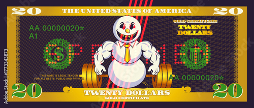Vector obverse of cartoon US banknote. Gold certificate, denominated in 20 american dollars. Toon powerful, muscular snowman and barbell. Game golden money. Twenty. Snow and bodybuilding