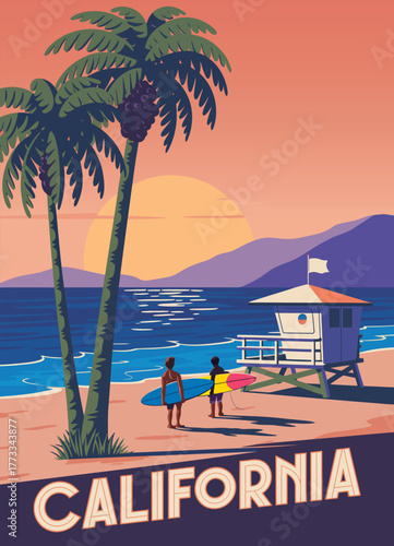 California Beach Lifeguard House Retro Poster Vector for Vintage Coastal Wall Art, Home Decor, and Surf-Inspired Interior Design Prints