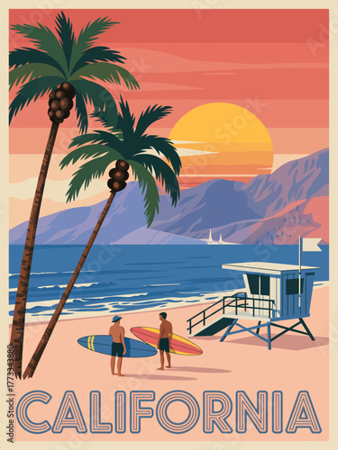 California Beach Lifeguard House Retro Poster Vector for Vintage Coastal Wall Art, Home Decor, and Surf-Inspired Interior Design Prints