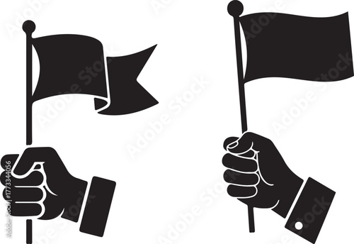 Hand holding flag silhouette icon set Banner icon set two hands holding flags
Handheld flag vector collection symbol
Rally sign silhouette male hand gripping pole
