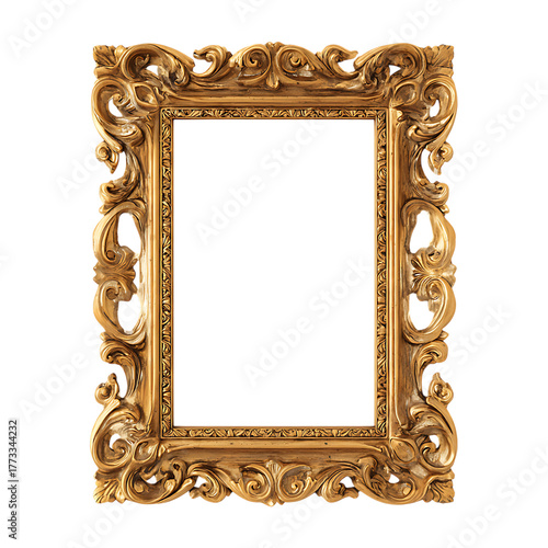 Ornate Golden Frame with Intricate Details for Art Photography or Mirror Display on Black Backdrop