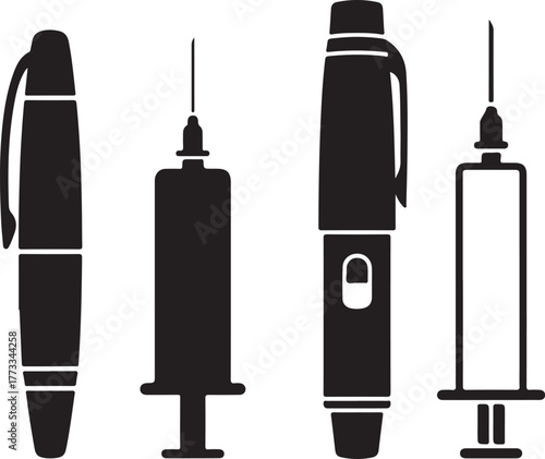 Pen and syringe injection icon vector Injection pen medical syringe vector graphic

Vaccination tool and signature implement icon

Treatment icon syringe next to ballpoint pen