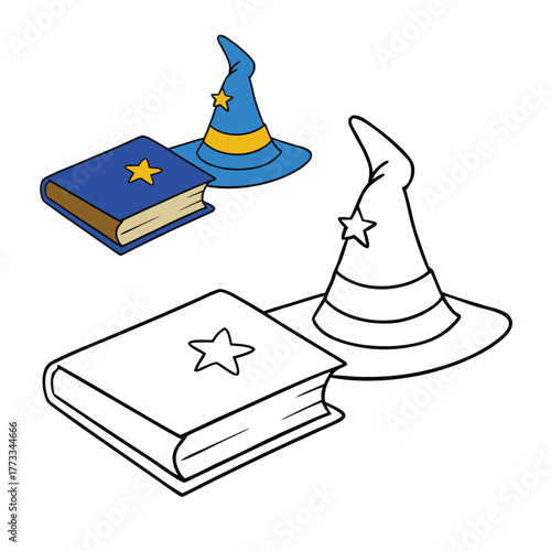 A magical coloring page featuring a classic wizard hat beside an ancient spellbook, inviting creativity with mystical symbols, stars, and enchanted fantasy details.
